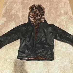 KC Collections Girls Faux Leather Jacket Coat Black Size M Reversible